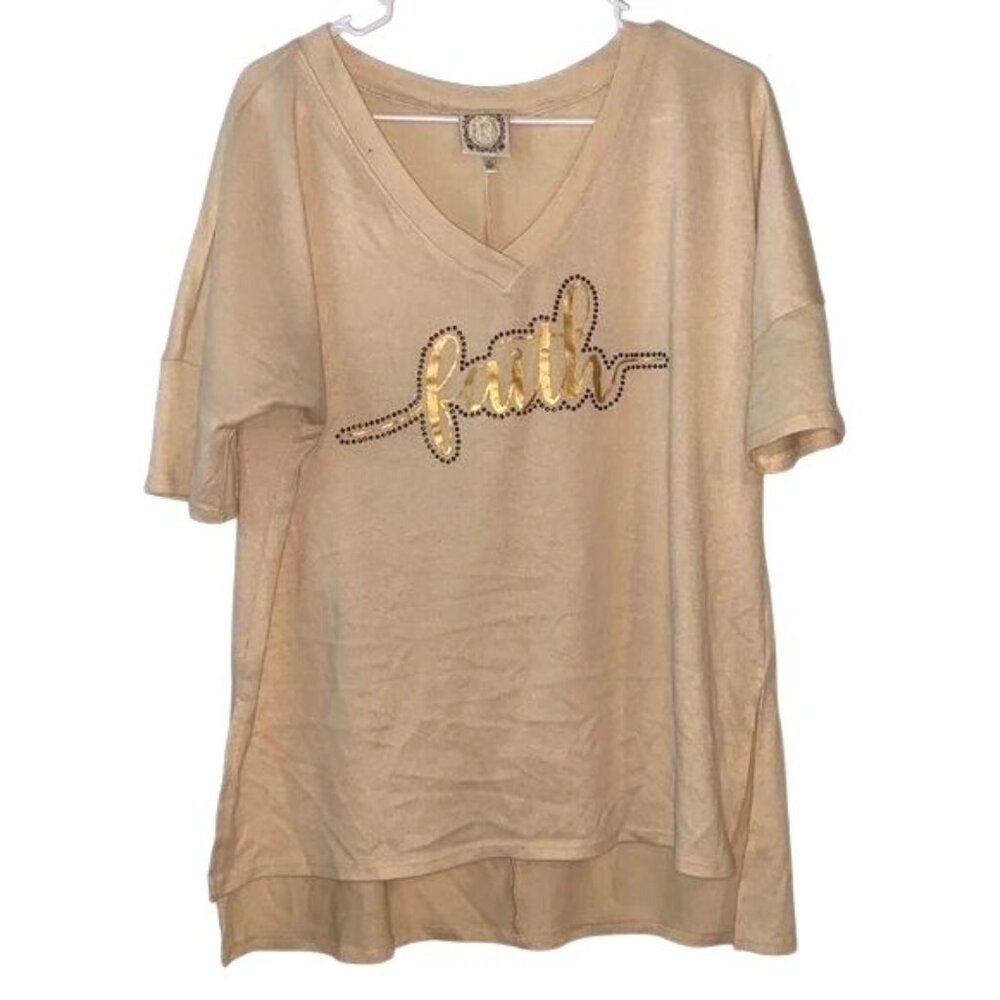 Trust Life Womens Beige V-Neck Faith Graphic Tee L Polyester/Spandex Short Sleev